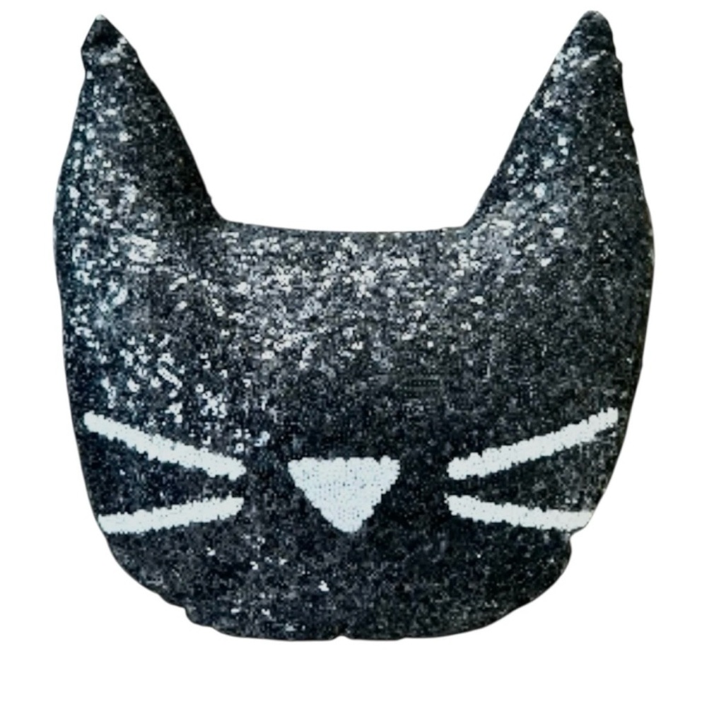 Sequin Cat Plush Toy Pillow - Black